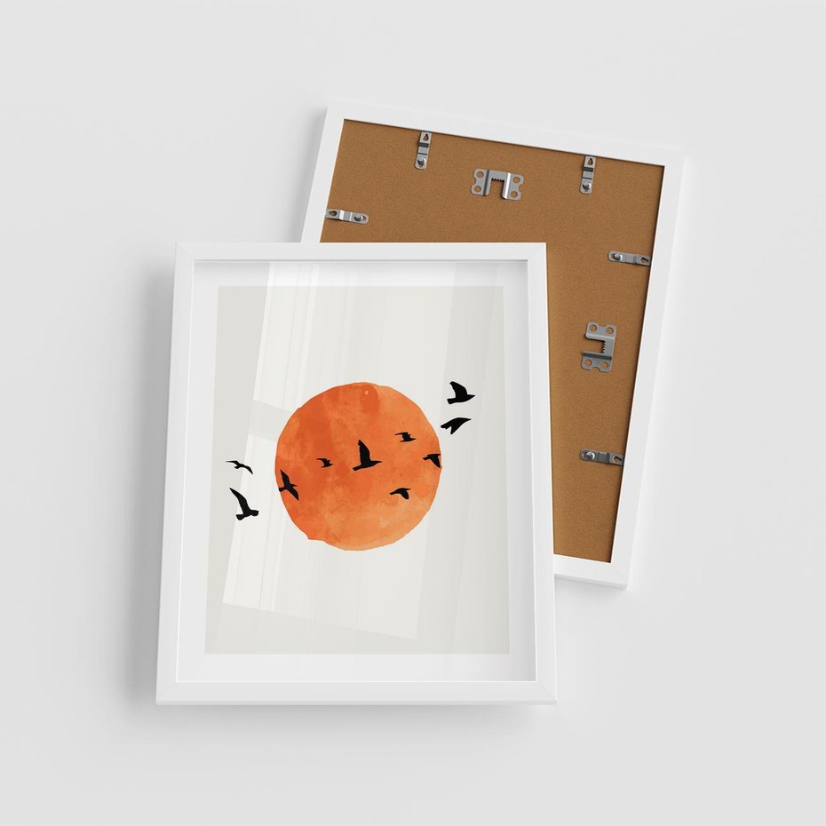 Plakat w ramie 40x50 - Zachód Słońca i Ptaki - grafika akwarela, czarne ptaki na tle zachodu słońca - rama biała
