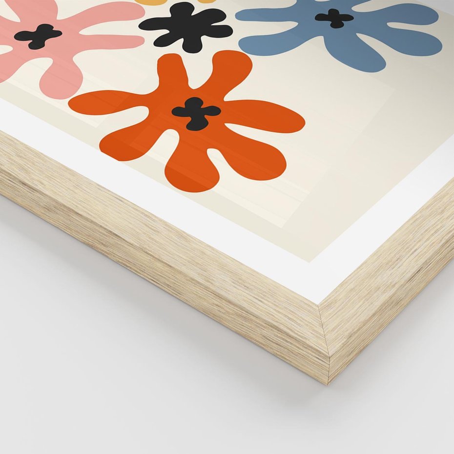 Plakat w ramie 30x40 - Taniec Akwareli - abstrakcyjne wielokolorowe kwiaty, minimalizm - rama drewno