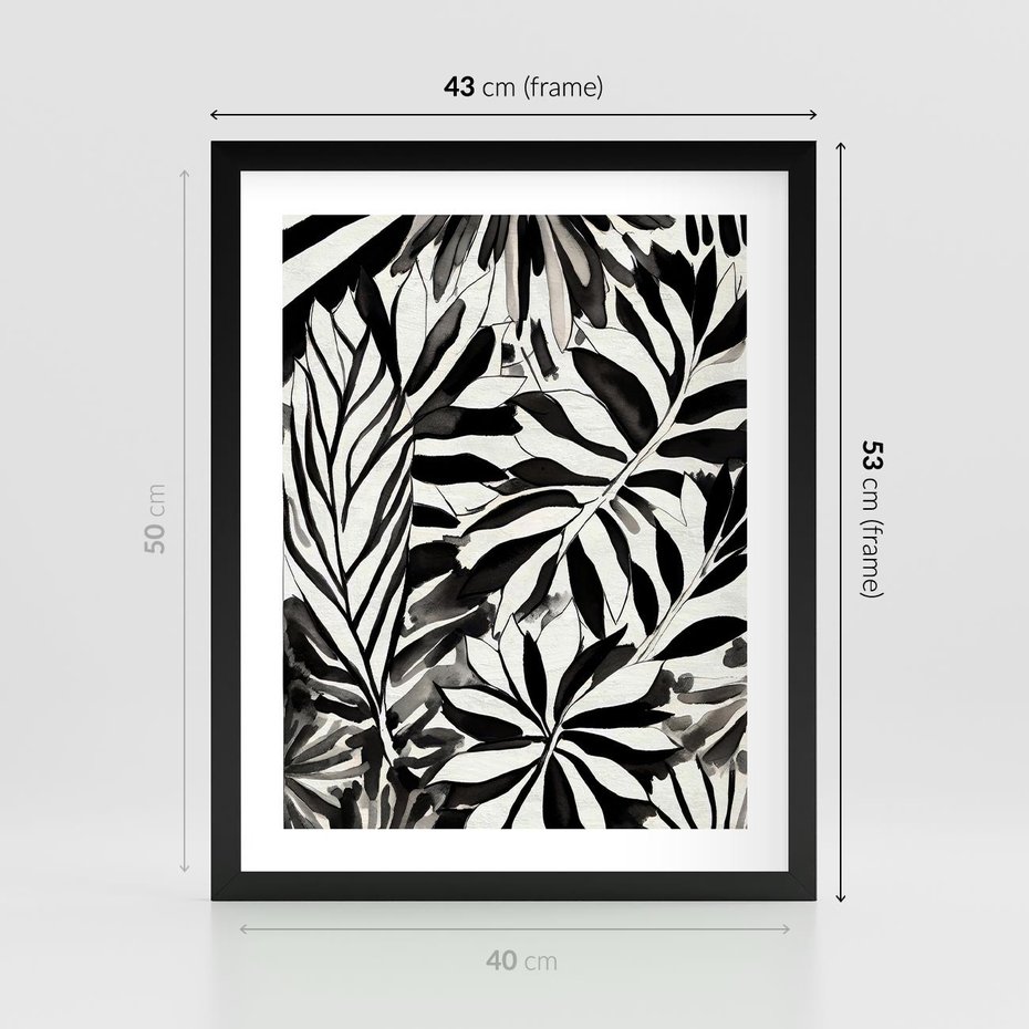 Plakat w ramie 40x50 - Czarne Liście - akwarelowy obraz, czarno biały - rama czarna