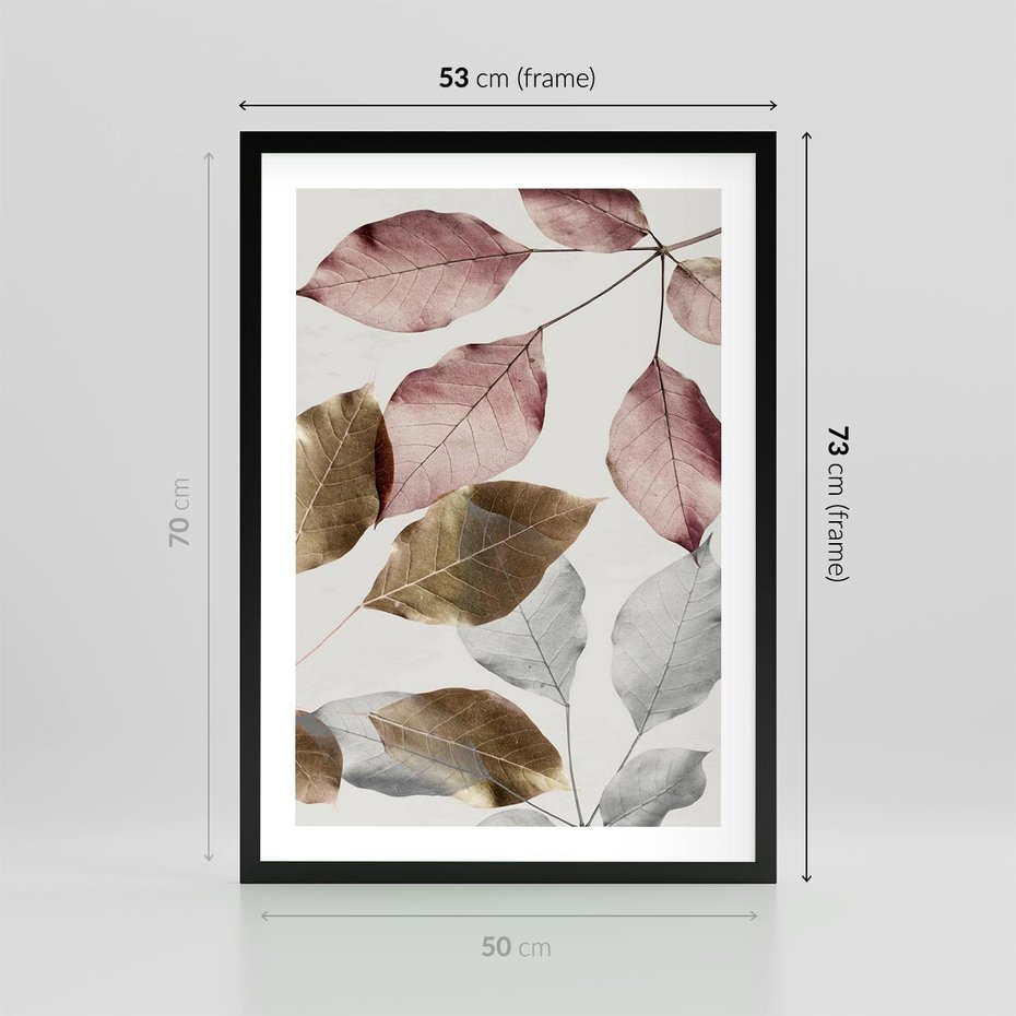 Plakat w ramie 50x70 - Pastelowe Liście z Nutką Złota - liście, pastelowe kolory - rama czarna