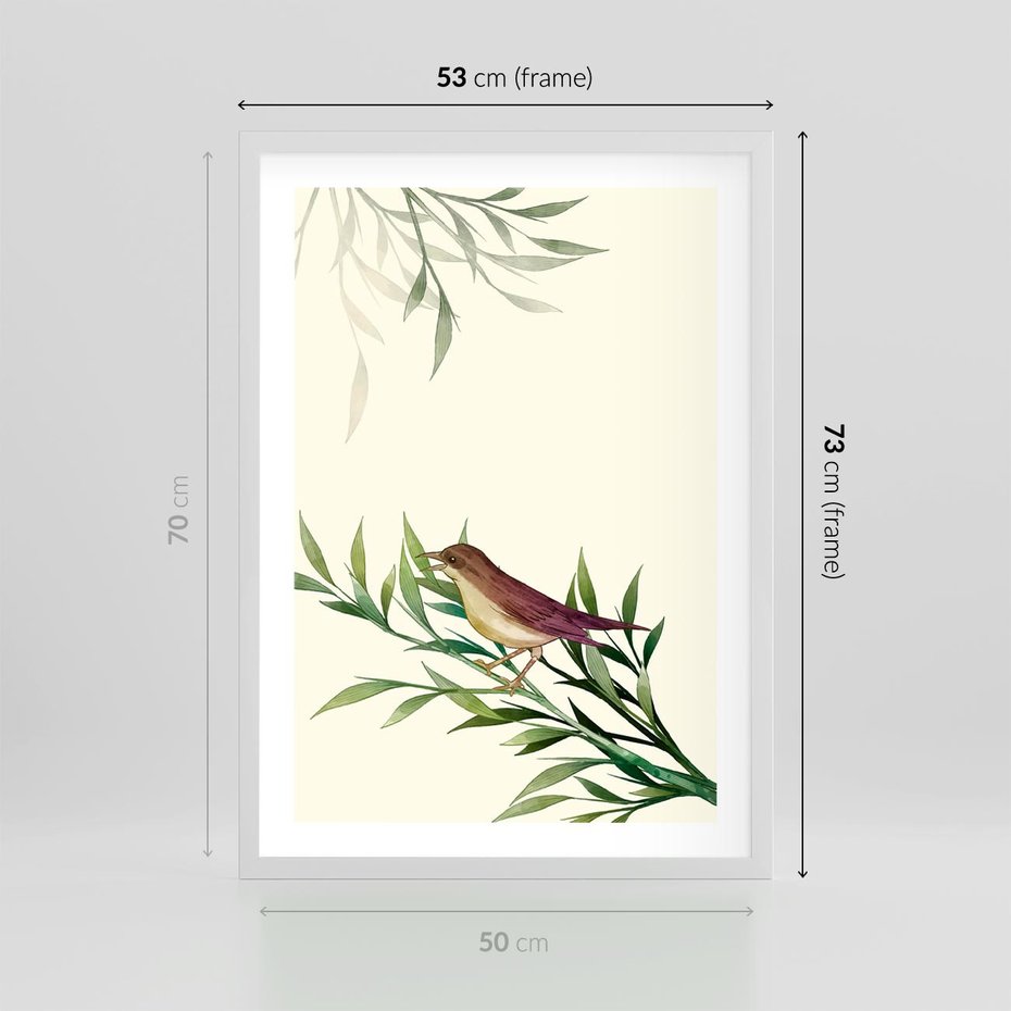 Plakat w ramie 50x70 - Roślinne Nastroje - japońska sztuka, ptak - rama biała