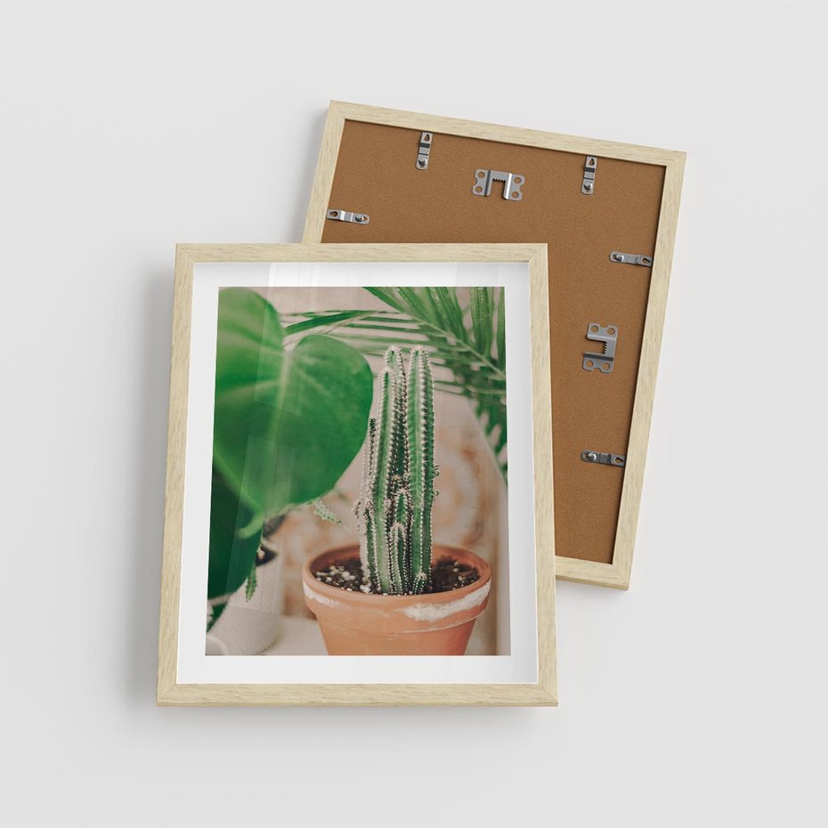 Plakat w ramie 40x50 - Boho Urok - kaktus w doniczce, gliniana doniczka - rama drewno
