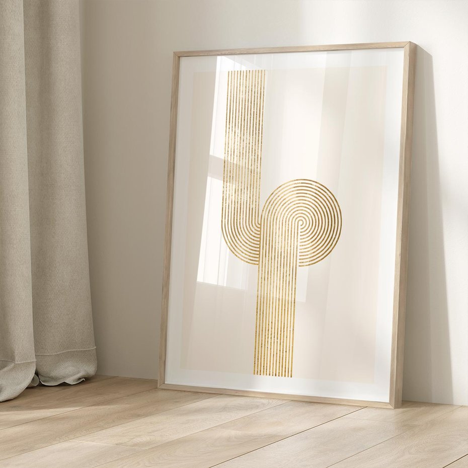 Plakat w ramie 50x70 - Podróżne Kształty - geometryczne linie w złotym kolorze, minimalizm - rama drewno