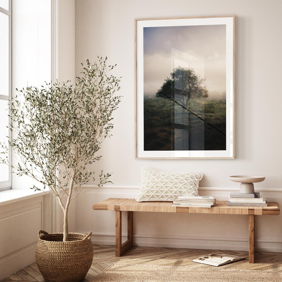 Plakat w ramie 30x40 - Zamglona Prostota - artystyczna fotografia, samotne drzewo na zamglonej łące - rama drewno