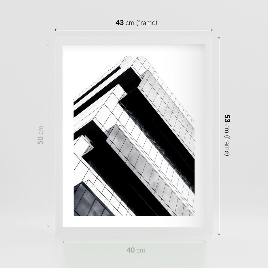 Plakat w ramie 40x50 - Nowoczesna Surowość: Wieżowiec na Czarno-Białej Grafice - architektura, wieżowiec - rama biała
