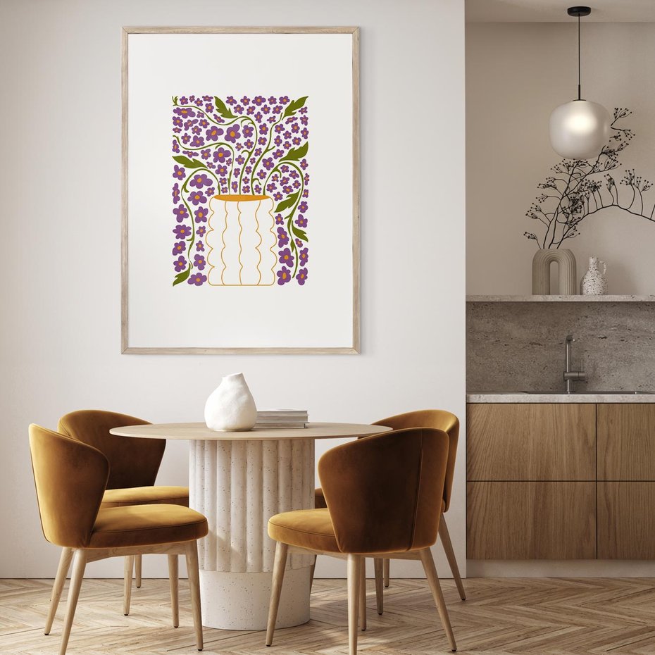 Plakat w ramie 30x40 - Witalność Kwiatów - kwiaty w wazonie, minimalistyczna kompozycja - rama drewno