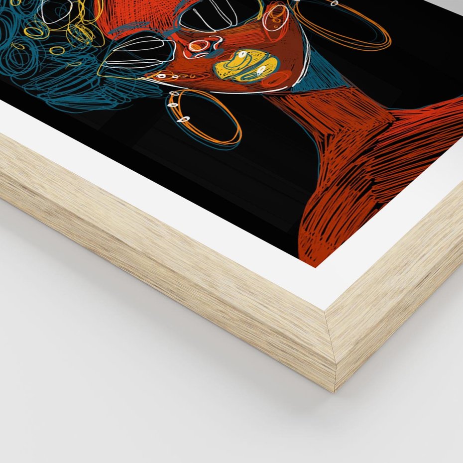 Plakat w ramie 50x70 - Kolorowe Wibracje Rzeczywistości - abstrakcyjny portret kobiety, twarz - rama drewno