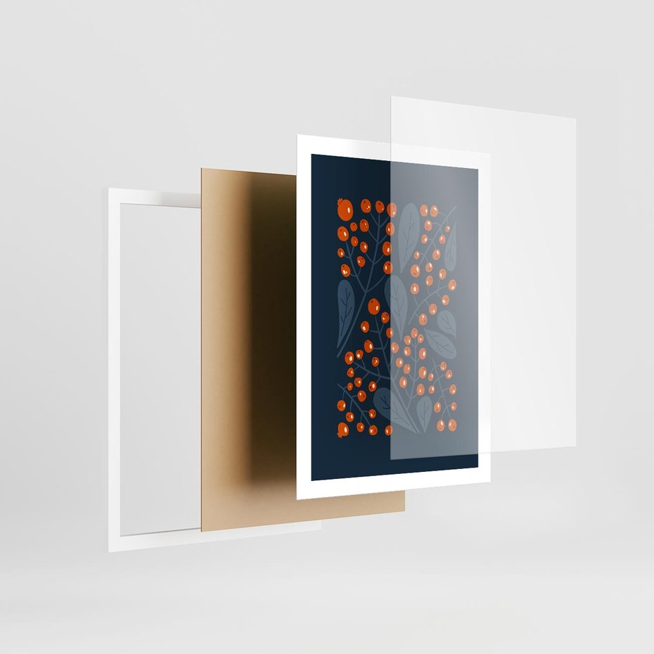 Plakat w ramie 50x70 - Symfonia liści i owoców - granatowe tło, pomarańczowe owoce jarzębiny - rama biała