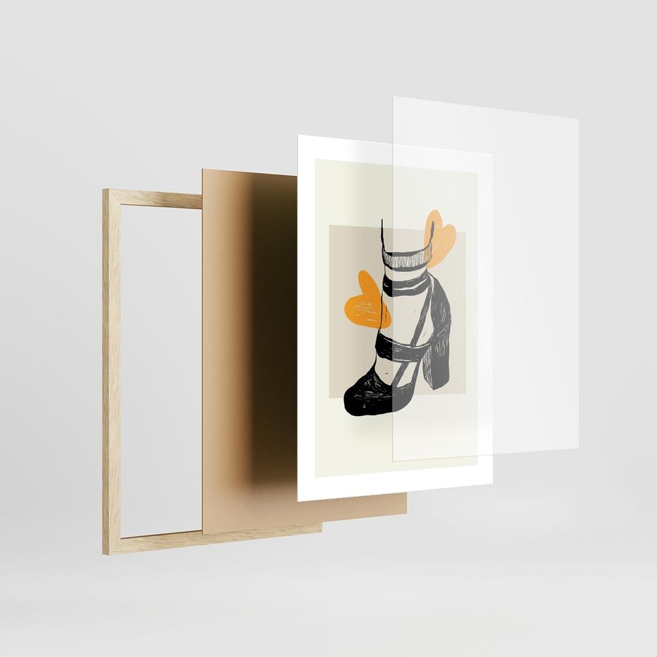 Plakat w ramie 30x40 - Elegancja w Szkicu: Stopa w Bucie na Obcasie - grafika, czarny szkic - rama drewno