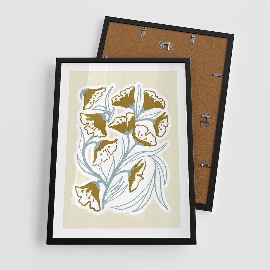 Plakat w ramie 50x70 - Wibracje Widzenia - abstrakcyjne beżowe kwiaty, elegancka kompozycja - rama czarna