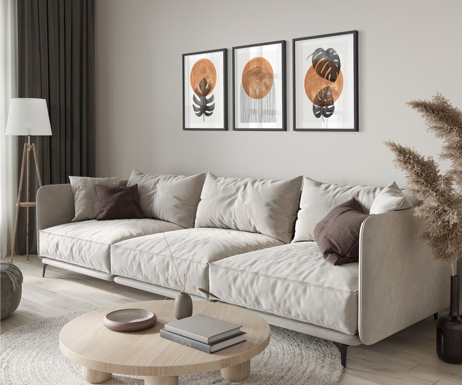 Zestaw obrazy w ramie 30x40 galeria - Monstera, boho, linie, minimalizm - rama czarna