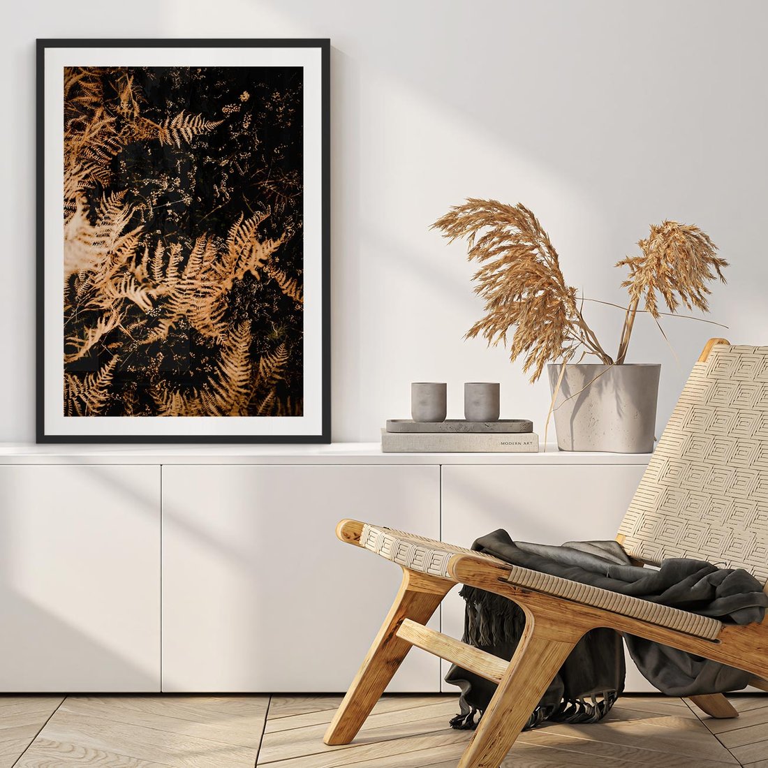 Plakat w ramie 40x50 - Jesienne Paprocie: Kolorowa Paleta Natury - paprocie, jesień - rama czarna