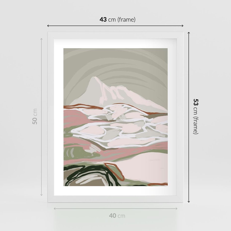 Plakat w ramie 40x50 - Szarawe Wzgórza - pastelowy krajobraz, nowoczesny plakat - rama biała