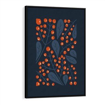 Obraz w ramie 70x100 - Symfonia liści i owoców - granatowe tło, pomarańczowe owoce jarzębiny - rama czarna