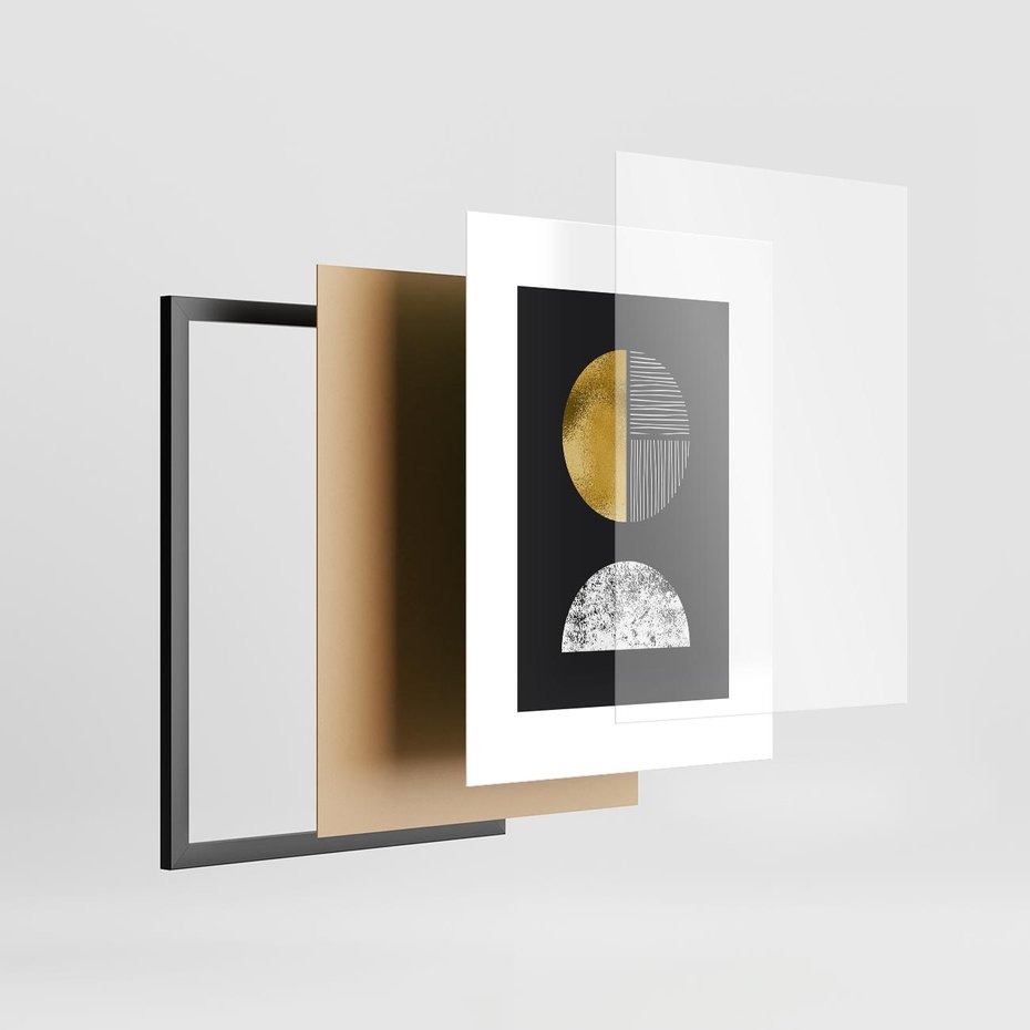 Plakat w ramie 30x40 - Złote Koła i Geometryczne Formy - grafika, modern - rama czarna