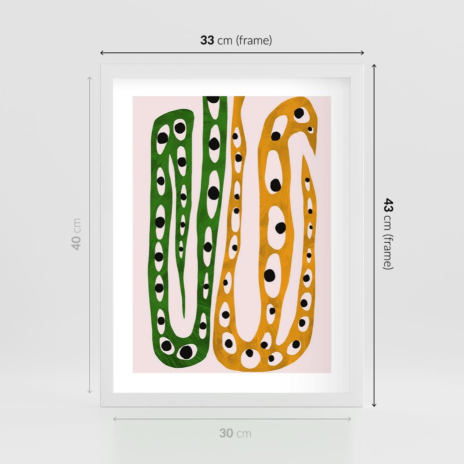 Plakat w ramie 30x40 - Migocące Zmaganie - abstrakcyjny obraz, dziwne kształty - rama biała