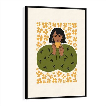 Obraz w ramie 50x70 - Wewnętrzne Fale - nowoczesny plakat, kobieta otoczona liśćmi - rama czarna