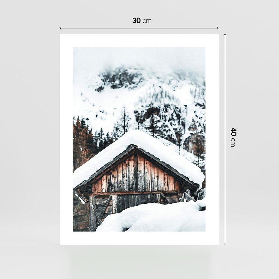 Plakat bez ramy 30x40 - Domek w Górach w Białym Odcieniu - zima, domek w górach