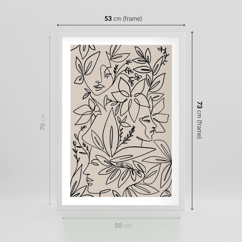 Plakat w ramie 50x70 - Kobiecy Portret Duszy - beżowe tło, czarny szkic nowoczesnych kwiatów - rama biała