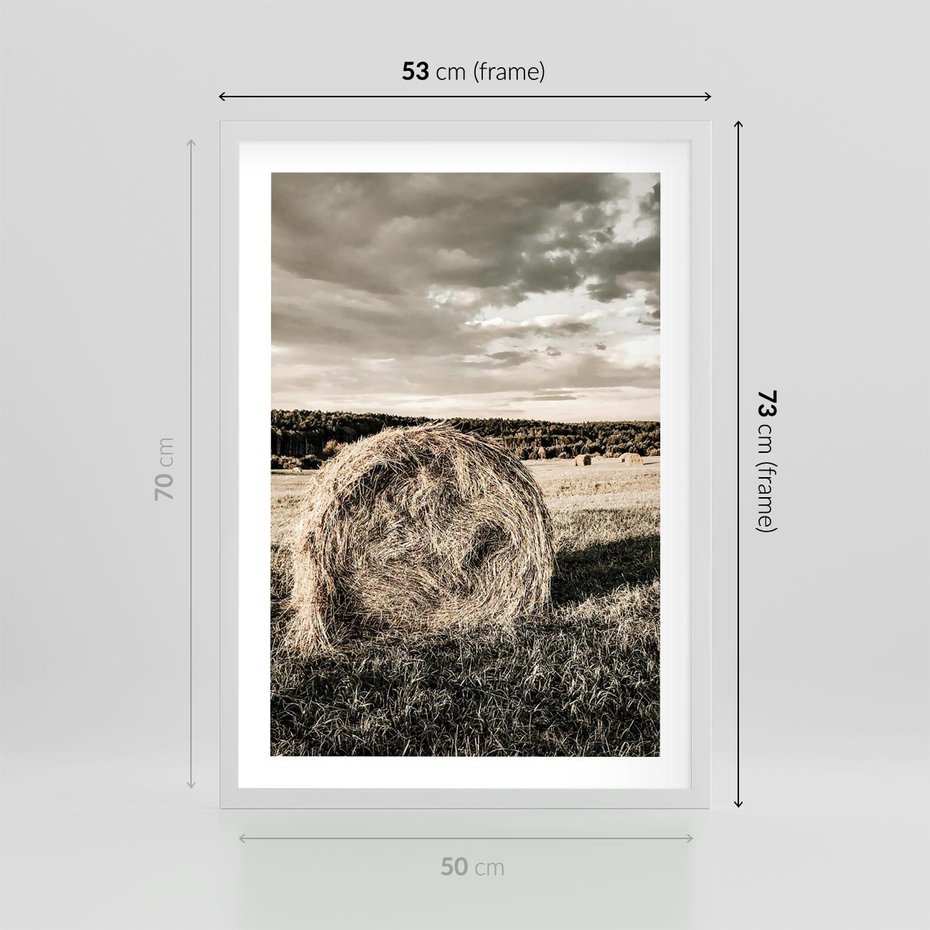 Plakat w ramie 50x70 - Ciepło Natury - snopki siana, pole - rama biała