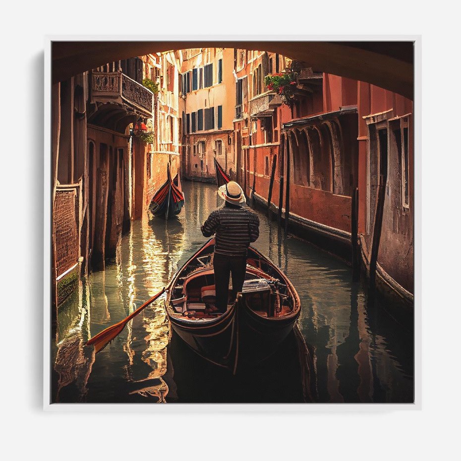 Obraz w ramie 50x50 - Spokojna Wenecja - gondolier w gondoli, kanały Wenecji - rama biała