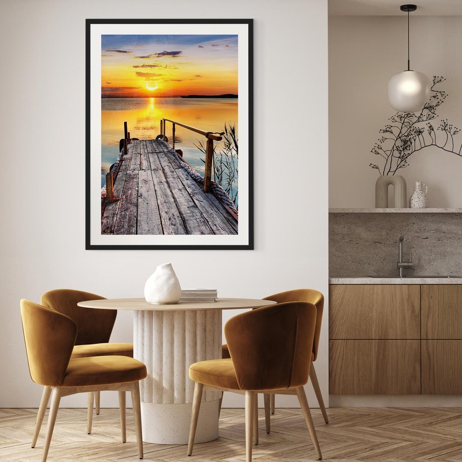 Plakat bez ramy 50x70 - Zachód nad jeziorem z pomostem - pomost, jezioro