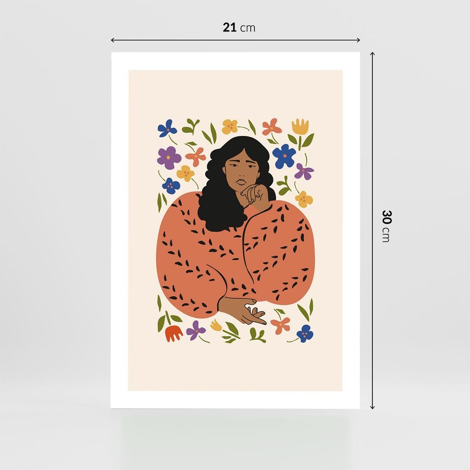 Plakat bez ramy 21x30 - Rozplątane Emocje - nowoczesny plakat, kobieta otoczona kwiatami