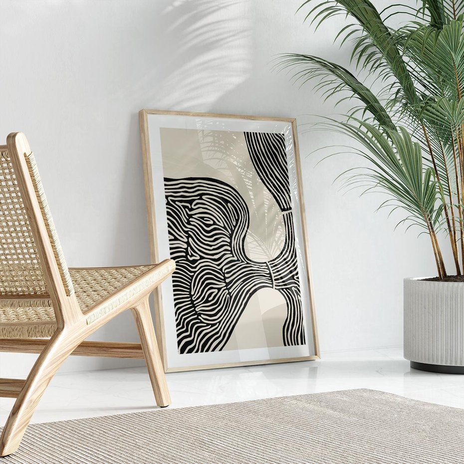 Plakat w ramie 40x50 - Harmonijne Kształty - abstrakcyjne ryciny, czarno biały - rama drewno