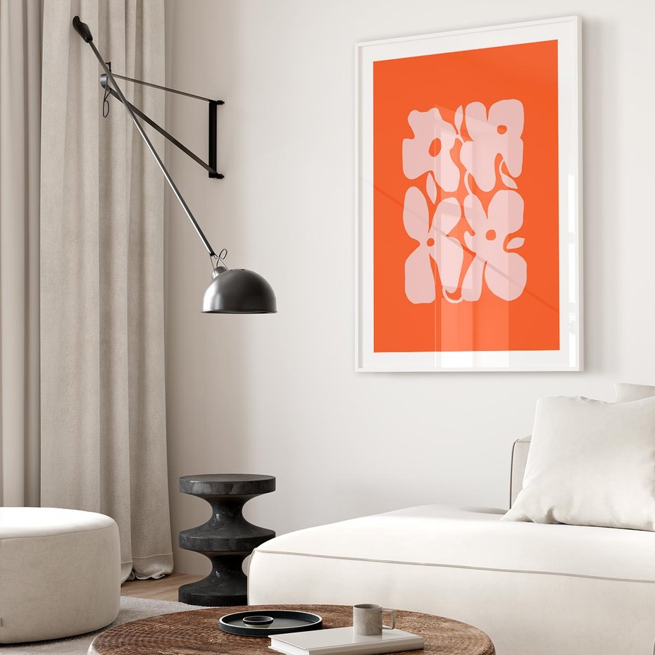 Plakat bez ramy 30x40 - Taniec Abstrakcji - kwiaty, energetyczne pomarańczowe tłó