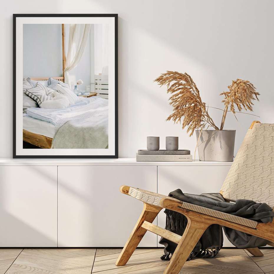 Plakat bez ramy 30x40 - Relaks w Sypialni: Jasne Kolory - zdjęcie sypialni, łóżko