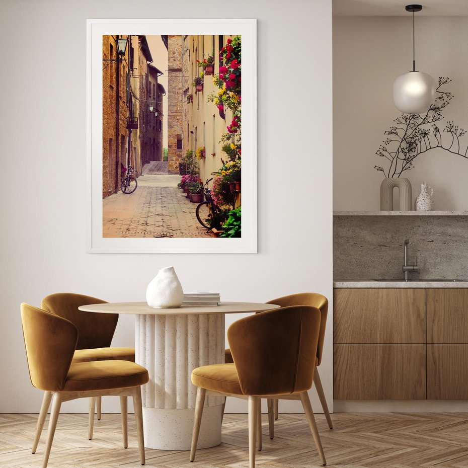 Plakat bez ramy 21x30 - Rowerowa przygoda w uliczkach pełnych perspektywy - uliczka, perspektywa