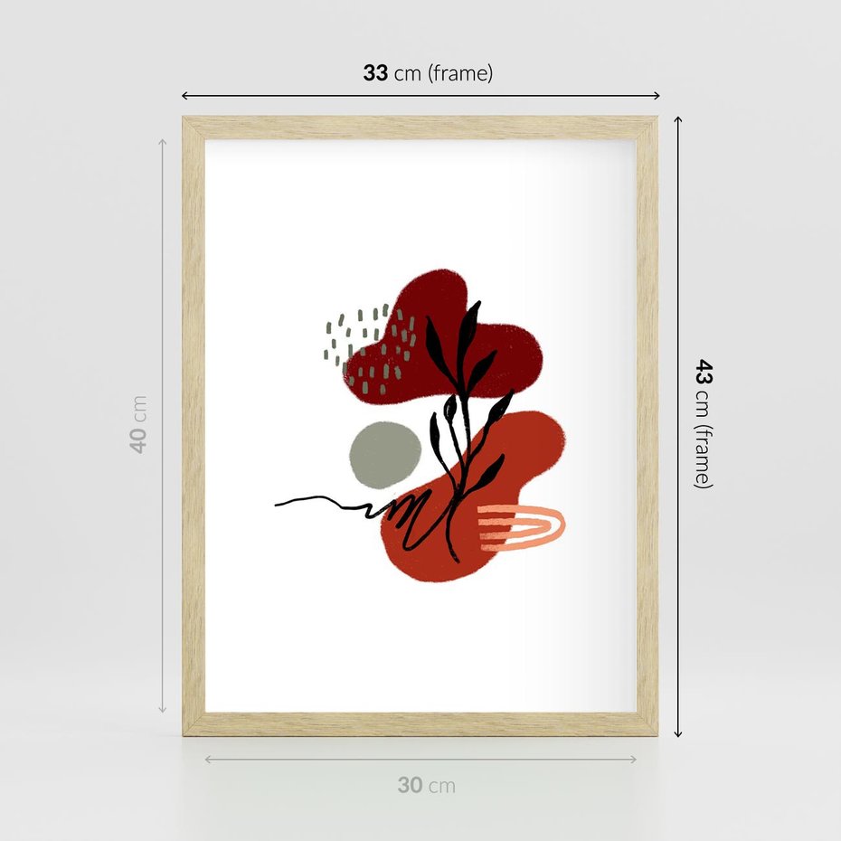 Plakat w ramie 30x40 - Migocące Kształty Liści - bstrakcyjna sztuka, boho kształty - rama drewno