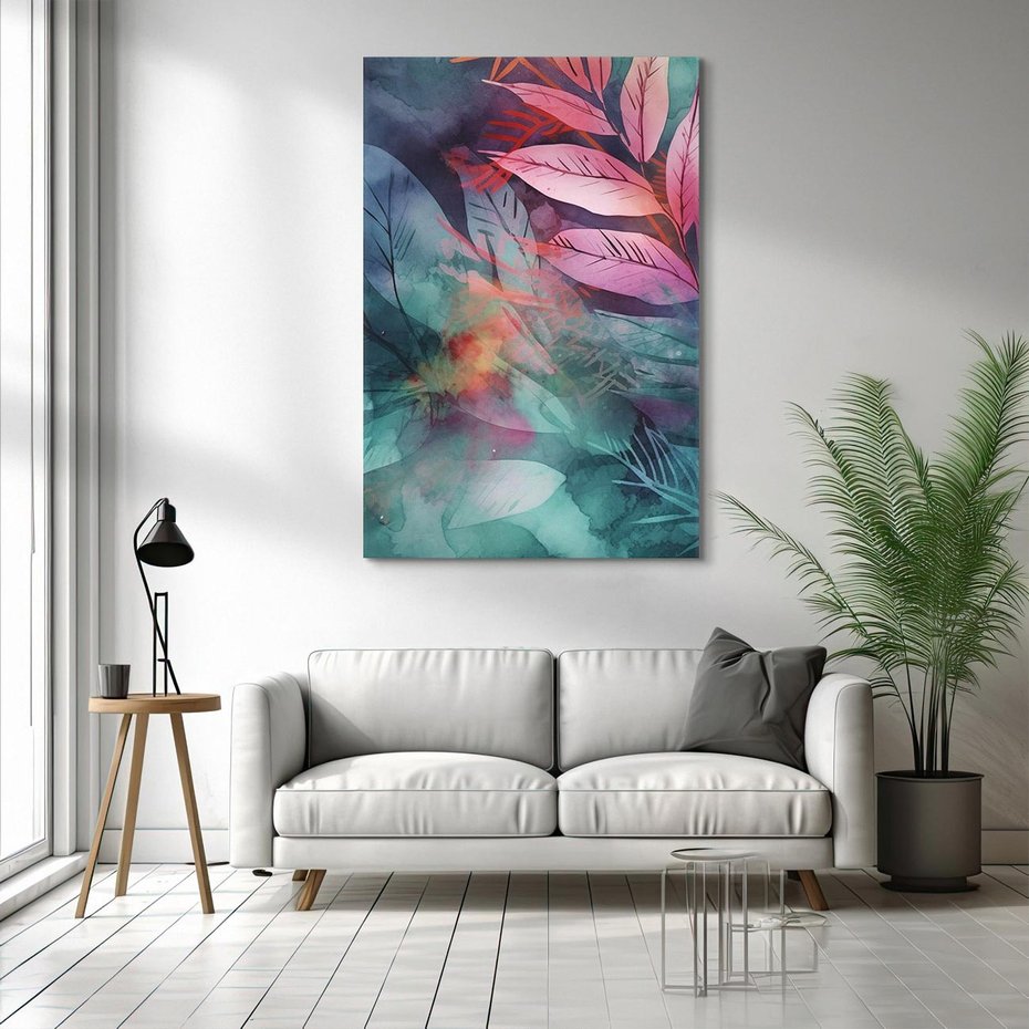 Obraz na płótnie 70x100 - Subtelne Zielone - pastelowe zielone liście, róż