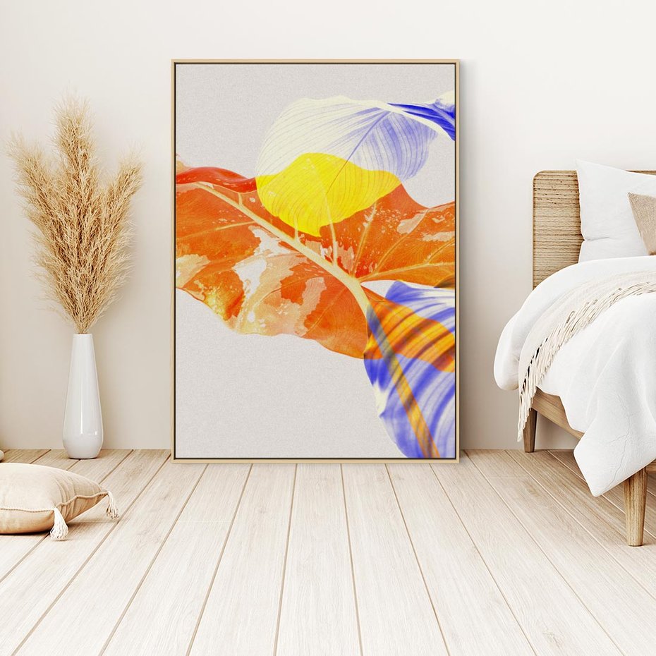 Obraz w ramie 80x120 - Energetyczne Indygo - retro, tropikalne liście - rama drewno