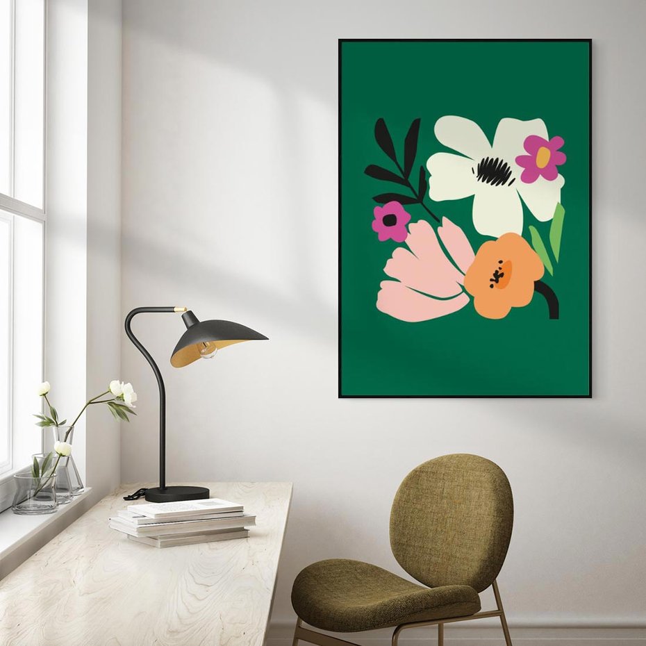 Obraz w ramie 70x100 - Rozbijające Echa - abstrakcyjne kwiaty, zielone tło - rama czarna