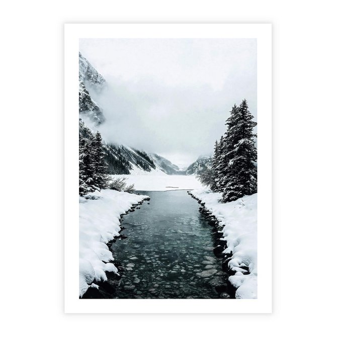 Plakat bez ramy 21x30 - Zimowa Przyroda: Rzeka, Góry i Śnieg - zima, rzeka