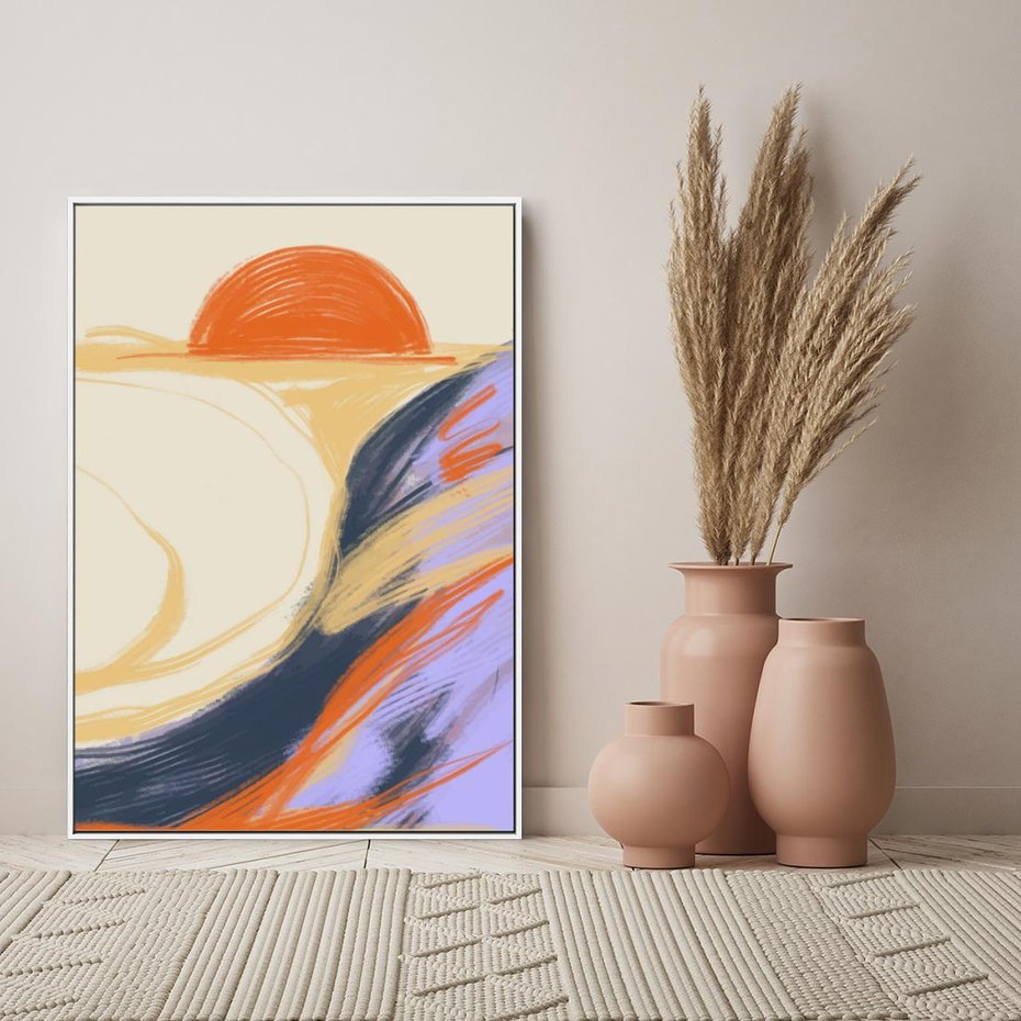 Obraz w ramie 80x120 - Pomarańczowy Horyzont - pastelowy krajobraz, nowoczesny plakat - rama biała