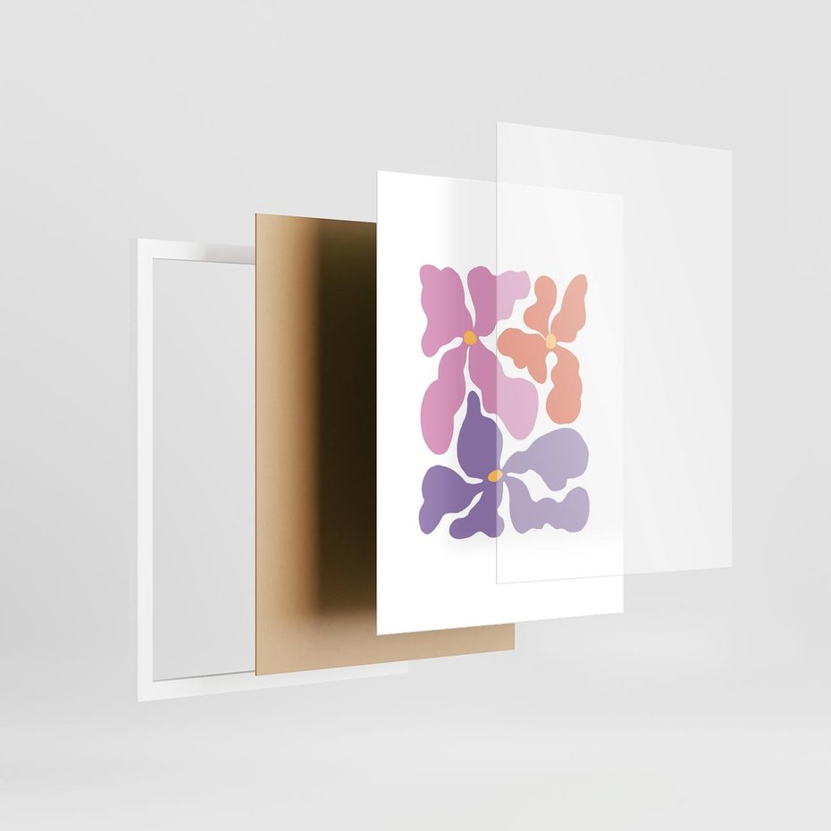 Plakat w ramie 50x70 - Bezgraniczne Wibracje - abstrakcyjne kolorowe kwiaty, minimlizm - rama biała