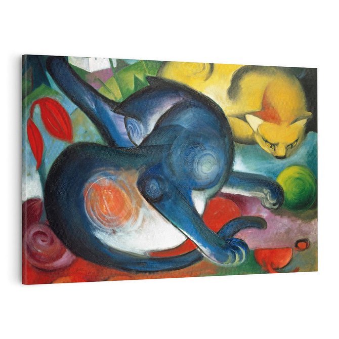 Obraz na płótnie 70x50 - "Dwa koty, niebieski i żółty" (1912) Franz Marc - Reprodukcja - reprodukcja, obraz na płótnie