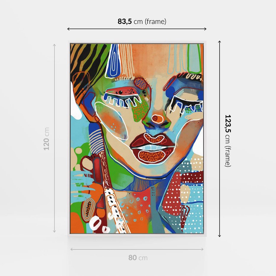 Obraz w ramie 80x120 - Kolorowe Formy - abstrakcyjny portret kobiety, twarz - rama biała