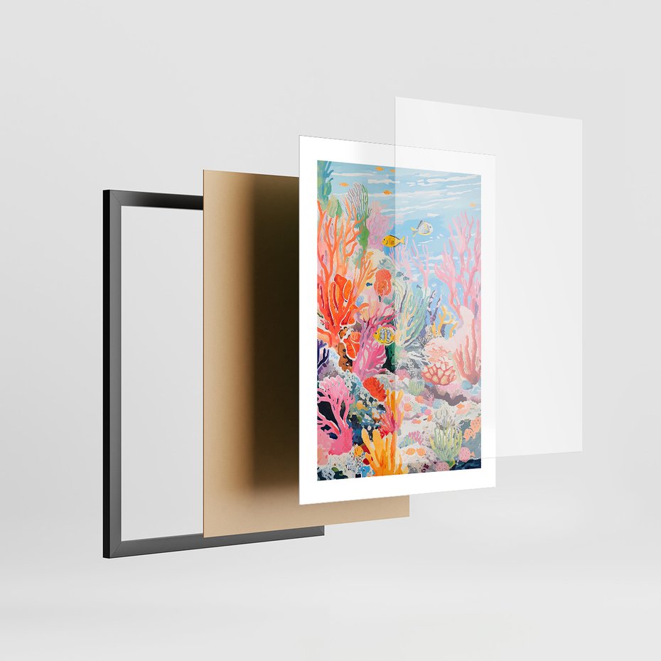 Zestaw obrazy w ramie 50x70 galeria - morze, rybki, akwarela, rafa, koralowa - rama czarna