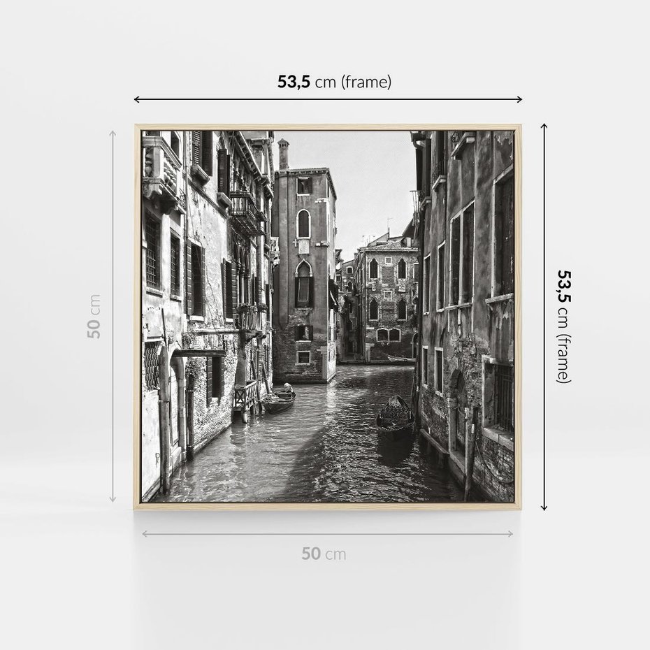 Obraz w ramie 50x50 - Weneckie Kanały - czarno białe zdjęcie, wenecja - rama drewno