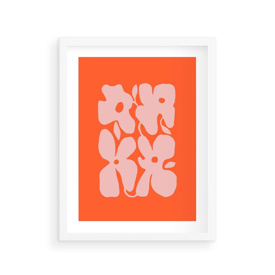 Plakat w ramie 30x40 - Taniec Abstrakcji - kwiaty, energetyczne pomarańczowe tłó - rama biała