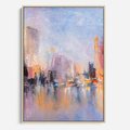 Obraz w ramie 50x70 - Miasto Refleksji - olejna panorama miasta w oddali, wiezowce odbijają się w rzece - rama drewno