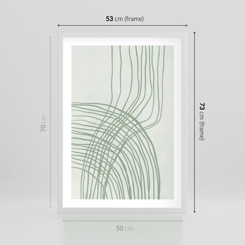Plakat w ramie 50x70 - Migotliwa Spokojna Zieleń - zielony plakat, abstrakcyjne splątane linie - rama biała