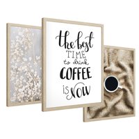 Zestaw obrazy w ramie 40x50 galeria - Kawa, typografia, kwiaty - rama drewno