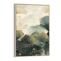 Obraz w ramie 80x120 - Natura w Złotym Odcieniu - złote elementy, liście miłorzębu japońskiego - rama drewno