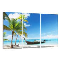 Obraz na płótnie 120x80 - Sielska plaża z łodzią na morzu - plaża, morze