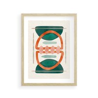 Plakat w ramie 30x40 - Oryginalny obraz abstrakcyjny w nowoczesnym stylu. Geometryczne akwarelowe kształty w intensywnych odcieniach zieleni i pomarańczu. Doskonała dekoracja dla miłośników sztuki. - abstrakcyjny obraz, sztuka nowoczesna - rama drewno