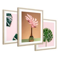Zestaw obrazy w ramie 40x50 galeria - Monstera, liście, pastelowe, tło, tropikalne - rama drewno